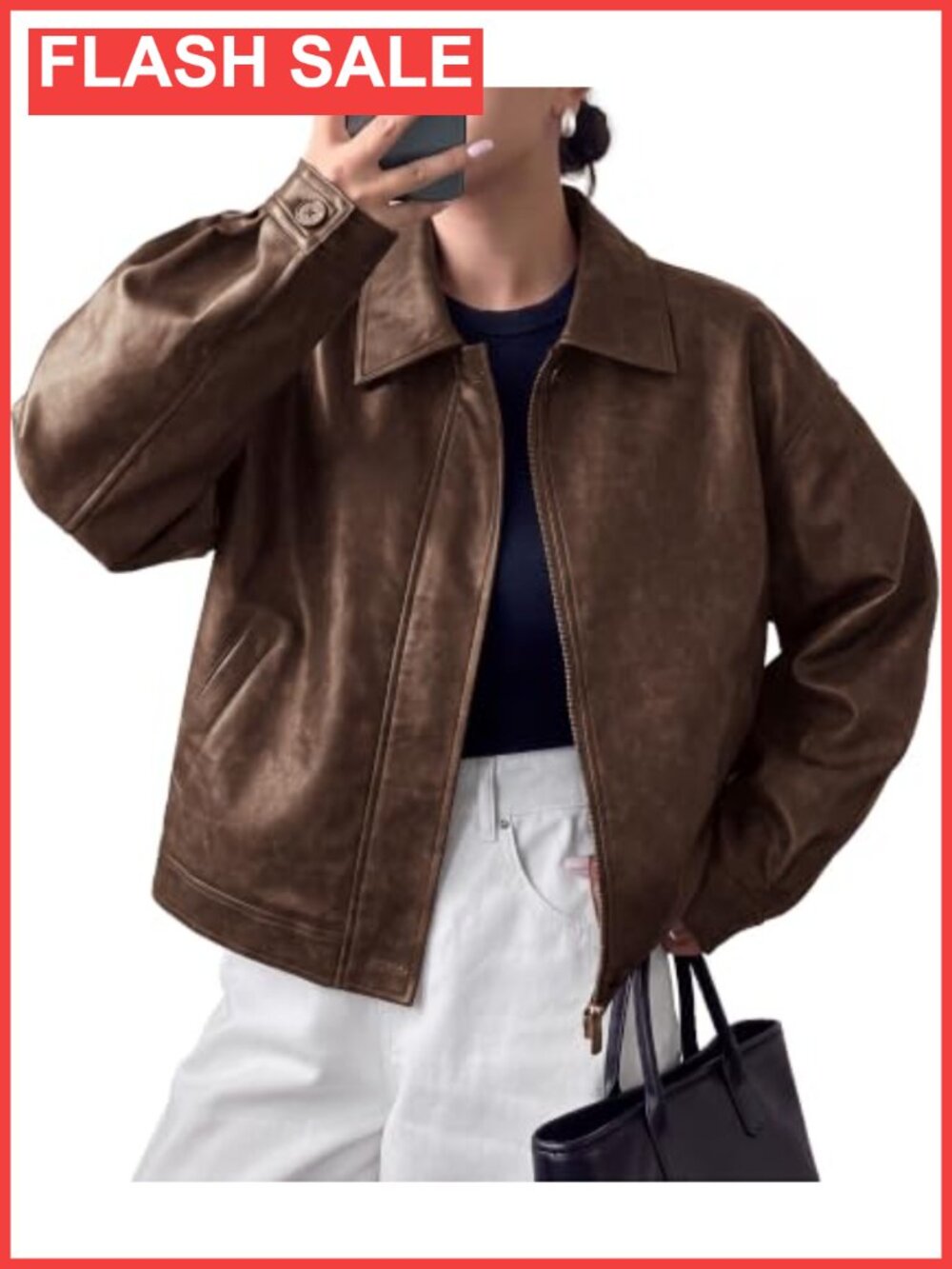 Faux Leather Oversized Motorcycle Jacket Zip Up Collared